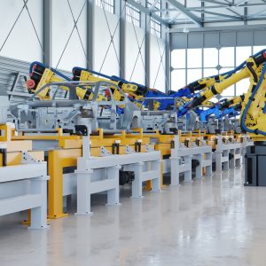 Robotic automotive assembly in factory.